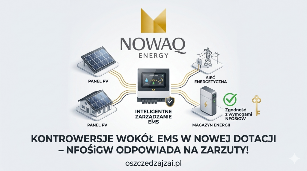 Infografika NOWAQ Energy przedstawiająca schemat inteligentnego zarządzania energią EMS z panelem PV i magazynem energii, opatrzona tytułem: Kontrowersje wokół EMS w nowej dotacji na magazyny energii.