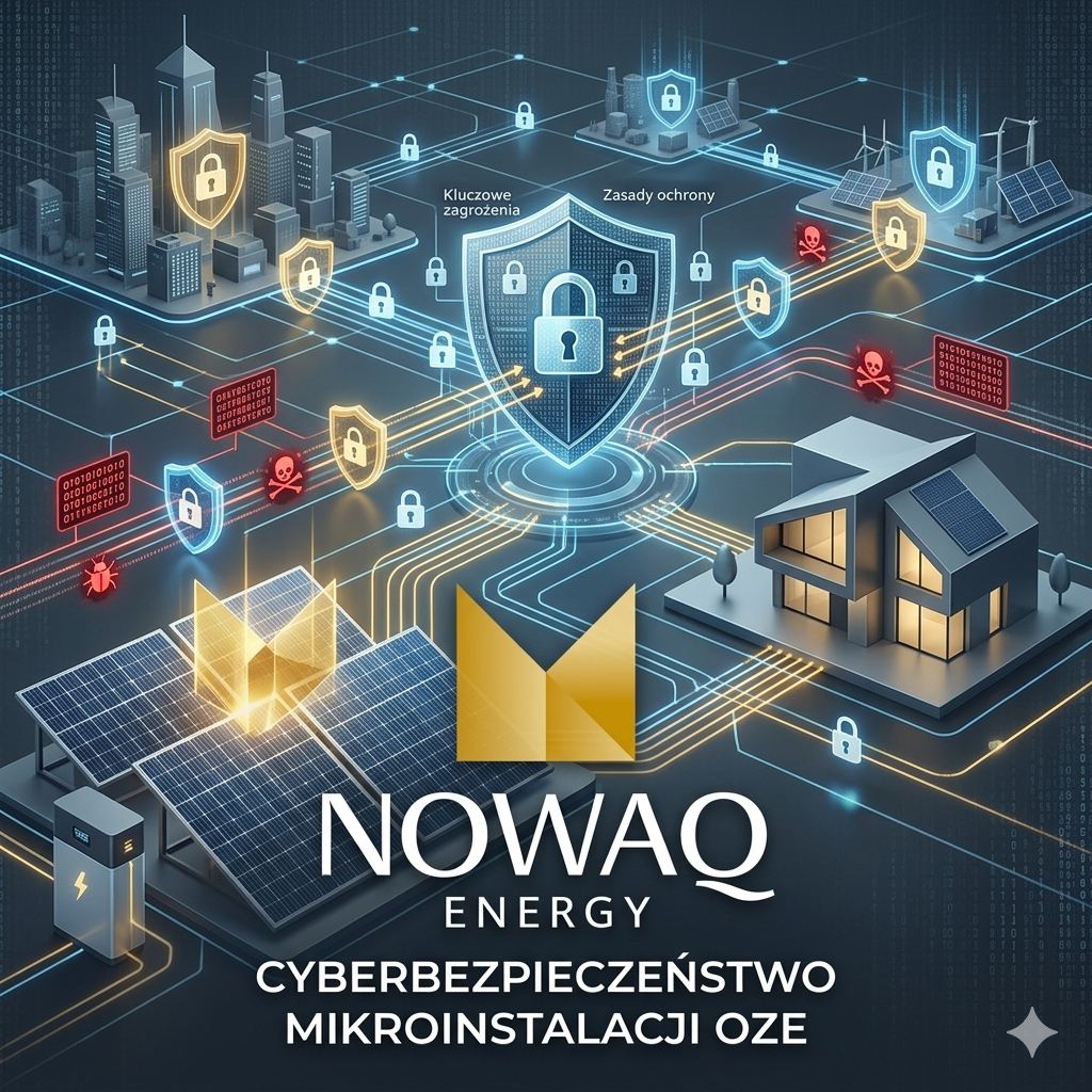 Nowoczesna infografika przedstawiająca ekosystem cyberbezpieczeństwa mikroinstalacji odnawialnych źródeł energii (OZE). W dolnej części widoczne jest logo „NOWAQ ENERGY” w kolorze złotym i szarym, identyczne z logiem dostarczonym przez użytkownika. Obok loga znajduje się panel fotowoltaiczny z wbudowanym systemem security oraz nowoczesny dom z panelami dachowymi, oba otoczone cyfrowymi barierami ochronnymi. Grafika pokazuje rozproszoną sieć energetyczną (Smart Grid) łączącą domy i infrastrukturę miejską w tle. Nad całością unosi się centralny, wielki, świecący na złoto i błękitno tarcza ochronna z ikoną kłódki, reprezentująca zaawansowaną zaporę ogniową (firewall) i szyfrowanie danych. Złote i błękitne linie danych łączą bezpieczne punkty sieci, podczas gdy czerwone, złośliwe ataki i wirusy są aktywnie blokowane przez bariery ochronne, co symbolizują odcięte czerwone linie. Napis na tarczy w języku polskim: „CYBERBEZPIECZEŃSTWO MIKROINSTALACJI OZE”. Kolorystyka: głębokie błękity, czerń, złoto i akcenty czerwieni. Całość ma styl profesjonalnego banera technologicznego.